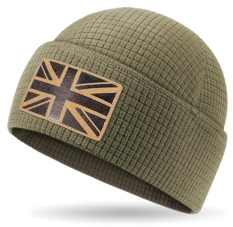 Outdoor Shaping Leather UK Flag Patch, Grid Fleece Cuffed Beanie Waffle Knit, Tactical Army Military Skull Cap Warm, Unisex Hat One Size, Outdoor Hiking Travel Daily Wear Military Green