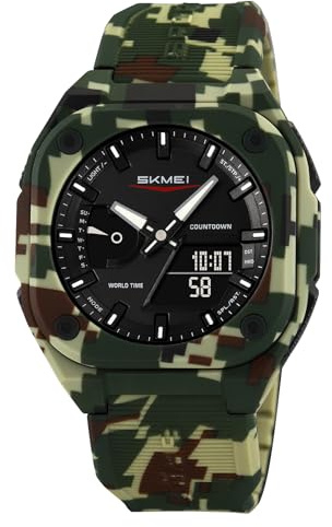 CARLIEN Multifunctional Waterproof Sports Watch, Military Style, Outdoor Sport, 50M Waterproof, Luminous Day Calendar Timer (Green Camouflage)
