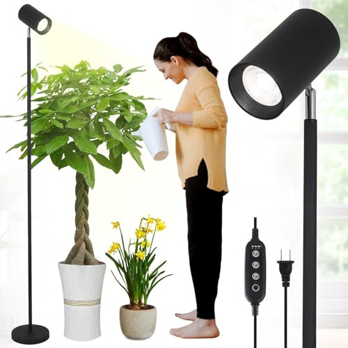 Adigyco Full Spectrum LED Grow Light Stand for Indoor Plants with 20W COB Plant Bulb, 360° Rotating Head, 6-Level Adjustable Height, Timer 4/8/12H, Black Floor Lamp for Large Plants and Seedlings