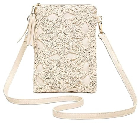 LOCCY Petit Sac Bandoulière pour Femme, Petit Sac à Main en Cuir PU Boho Sac a Main Fleurs Ajourées Pochette Telephone Sacoche avec Réglables Bandoulière pour Voyages, Courses, Travail