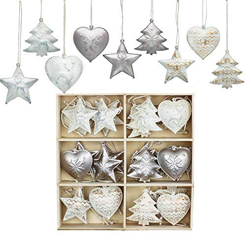 Valery Madelyn Metallanhänger mit Weihnachtsglocken 24er Set 5cm Weihnachtsanhänger Herz Stern Baum Weihnachtsdeko Eisen Weihnachtsdekoration zum Aufhängen für Christbaumschmuck MEHRWEG Verpackung