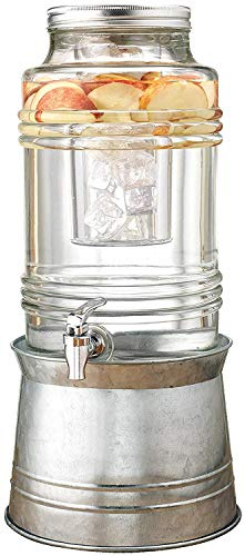 Circleware Breeze Glass Beverage Dispenser with Base Metal Stand Transforms to Ice Bucket, Lid, Fruit Infuser and Ice Insert, Entertainment Kitchen Drinking Glassware, Party, Huge 2.4 Gallons