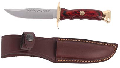 Muela Cuchillo de caza BW-10 con hoja de acero inoxidable ACX-380 de 10 cm y empuñadura de madera de coral para Caza, Pesca, Supervivencia y Bushcraft + Portabotellas de regalo