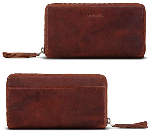 ROYALZ 'Helena' Vintage Leder Portemonnaie Damen groß Reißverschluss viele Fächer Geldbörse Damen RFID Schutz Geldbeutel Frauen Leder, Farbe:Roma Cognac Braun