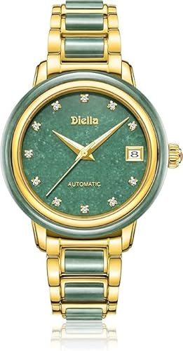 Diella Automatik Damen Uhren, Luxus Grün Jade und Gold Edelstahl Armband Uhren für Damen, Wasserdicht mit Leuchtender, Selbstwindender Geschenke für Women