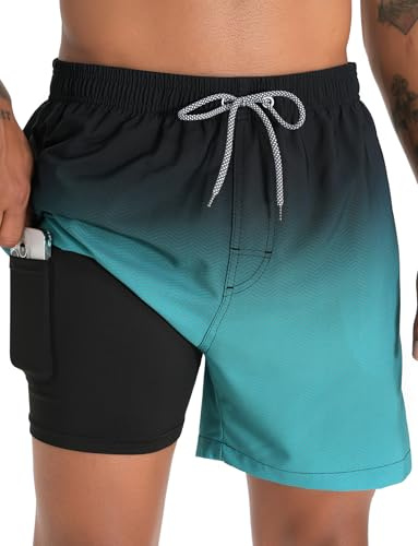 zeetoo Mens Swim Trunks with Compression Liner 5.5 Inseam Shorts Bathing Suit Quick Dry Swimsuit Gradient-Green XL