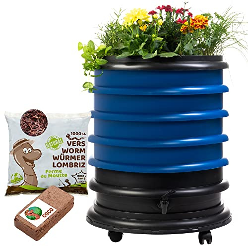 WORMbox | Vermicompostaggio 4 Vassoi Blu + Fioriera per piante + 500g di Vermi Lombrichi / 1000 pz. + 1 Cocco | 64 Litri | Compost di Rifiuti Organici Compostiera Vermifuga Lombricompostiera