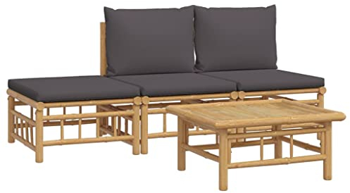 vidaXL Loungegrupp 4 delar mörkgrå dynor bambu, trädgårdssoffa, utemöbler, loungeset, trädgårdssoffor, trädgårdsmöbler, loungegrupp i bambu