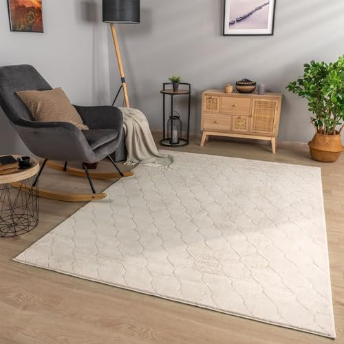 TT Home Wohnzimmer Teppich Esszimmer Kurzflor Geometrische Optik Skandi Boho Unifarben, Farbe:Hellbeige, Größe:200x280 cm