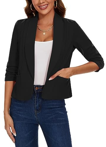 MINTLIMIT Womens Blazer Open Front Suit Jacket 3/4 Ruched Sleeve Blazers Casual Cardigan Outerwear with Patch Pockets