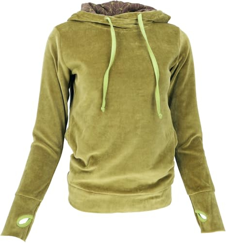 GURU SHOP Nicki-Kapuzenpullover, Weicher Hoodie, Boho Samt Sweatshirt - Grün, Damen, Baumwolle, Size:XL