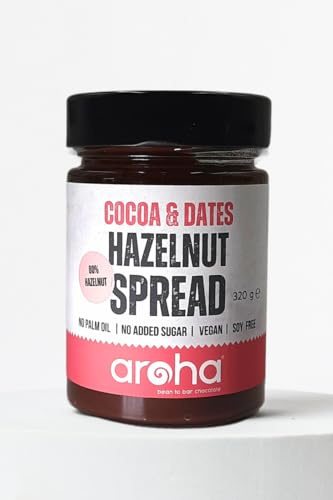 Aroha Hazelnut Spread With Cocoa. Vegan, No Sugar Added, Gluten Free, Soy Free, Palm Oil Free, Lecithin Free. Only 3 Ingredients: Hazelnut, Dates and Cocoa.