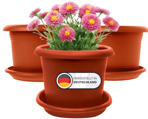 SUSTANIA Lot de 3 grands pots de fleurs d'extérieur en terre cuite - Diamètre : 30 cm - Avec soucoupe - Grand pot de fleurs extérieur - Résistant aux intempéries - Fabriqué en Allemagne