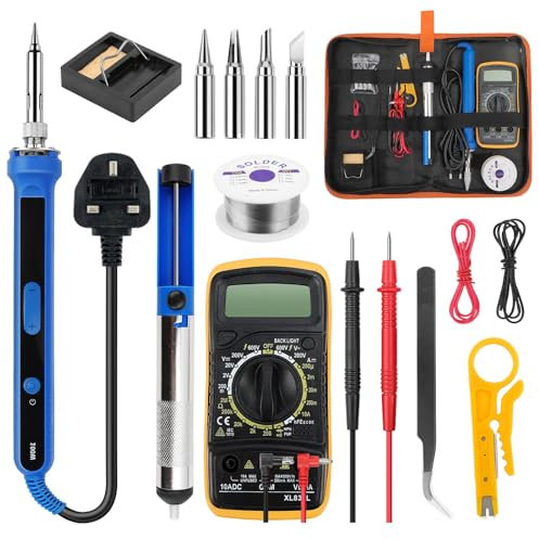 Soldering Iron Kit, 100 W LED Visible Temperature Adjustable 180-520°C Precision Electronic with On/Off Switch, Kit with Digital Multimeter, 5 Welding Tips, Desoldering Pump, Soldering Wire（BS‌ Plug）