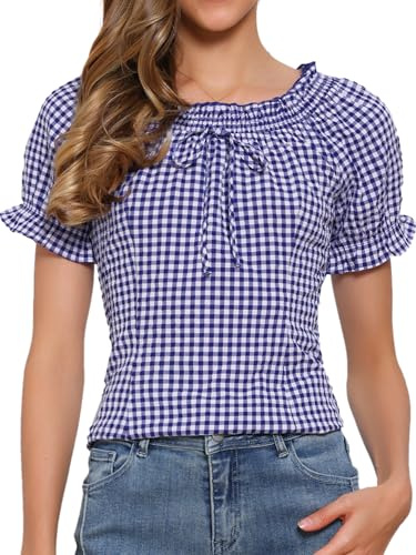 Allegra K Gingham Plaid Blouse for Women Peasant Round Neck Ruffles Puff Sleeve Top Dark Blue XS