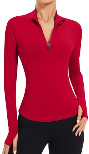 IECCP Women's Gym Red Top 1/4 Zip Long Sleeve Quick-Dry Sports T-Shirts Lightweight Athletic Activewear for Yoga, Running, Workout Red S