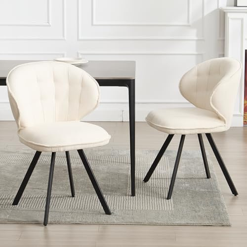 DAYALANE Chenille matstolar set med 2, ergonomiska köksstolar med böjt ryggstöd och metallben för matsal vardagsrum hem vit