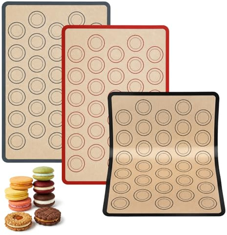 3 stycken bakmattor i silikon för makaron, 42 x 29,5 cm makaron-bakmattor med styrringar, BPA-fri, non-stick och halkfri, non-stick bakunderlägg för makroner, kex, bakverk (mörkgrå/svart/röd)