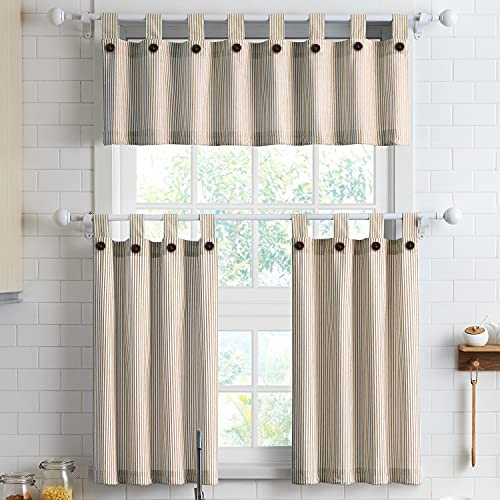 July Joy 3-Piece Cotton Tier Curtains 36 Inches Long Country Kitchen Curtains Set Tab Top for Small Window Bathroom Farmhouse 56 x 36, Linen