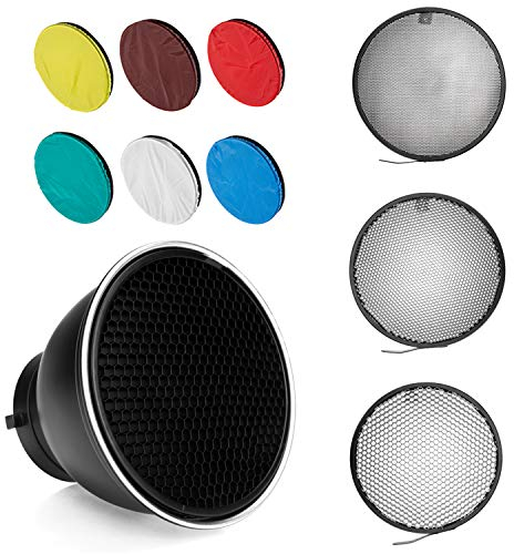Difusor Reflector estándar Bowens Mount de 18 cm con Rejilla de Panal con Tela de luz Suave de 6 Colores para lámpara de Montaje Bowens (Reflectante estándar + Rejilla de 10°/30°/50°)
