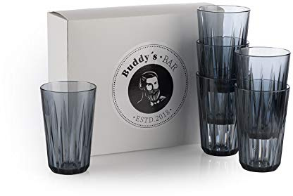 Buddy´s Bar - 6er Set, Hochwertige 0,3 Liter Tritan Kunststoff Trinkbecher, BPA frei, Kristallglas-Optik, bruchfeste Mehrweg-Becher, wiederverwendbar und spülmaschinenfest, 300 ml, grau