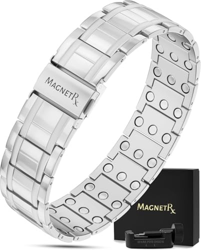 MagnetRX® 3X Magnetarmband för Herr – Titanarmband med 3 500 Gauss Neodymmagneter, Viklås, Justerbar Längd, Storleksverktyg och Presentask, Silver