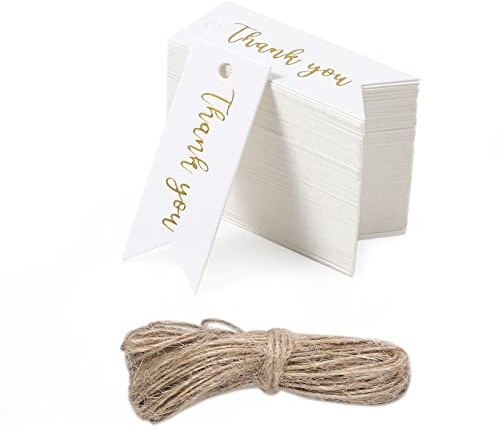 SAVITA 100 Pezzi Etichette da Appendere in Carta Grazie con Spago, squisite, Etichette Regalo in Carta Etichette Regalo Bianch per Artigianato Matrimonio (2'' *0.75'')