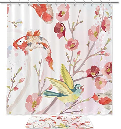 Badezimmer-Sets mit Duschvorhang und Teppich, Accessoires, Dekor-Badematte und 12 Haken,Rosa Pflaume Bossom Blume Vogel Koi