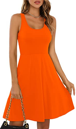 Missufe Vestido de Verano para Mujer, Minivestido Rockabilly, Vestido de Patinadora, Vestido Corto sin Mangas, Naranja, XS