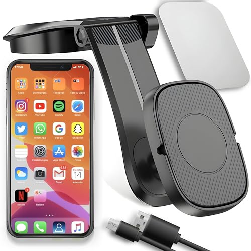 Retoo Magnetisk mobiltelefonhållare, bil, sugkopp, 18 cm, för smartphone | För vindruta och instrumentbräda, ABS, 18 x 3,8 x 4,25 cm, metallplatta, svart