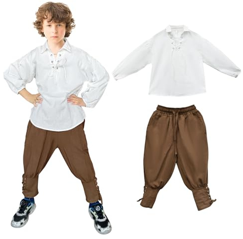 Prebene Set da pirata medievale per ragazzi, camicia e pantaloni alla caviglia, costume rinascimentale scozzese giacobita top e pantaloni (bianco + marrone, 8-10T)