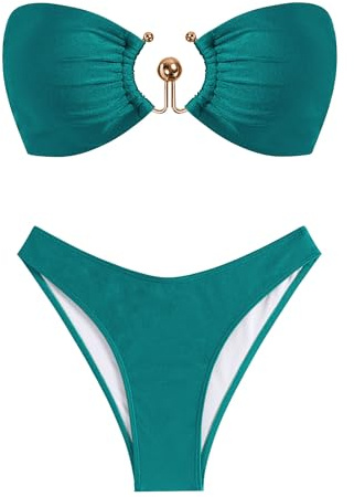 ZAFUL Strapless Swimsuits for Women O Ring Metal Hardware High Cut Brazilian Swimwear Set Tops Peacock Blue M
