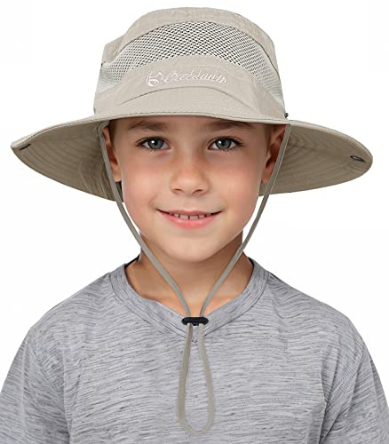 Durio Chapeau de soleil pour enfant, protection UV, avec mentonnière, protection solaire, en coton, pour garçons de 4 à 12 ans, beige clair, 4-12 Jahre