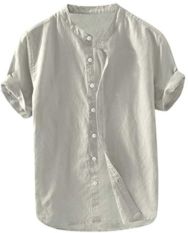 Générique Chemise Lin Homme Manche Courte Col Mao Chemise Été Homme Leger en Coton Lin Chemise De Plage Classique Casual Shirt Chemises Boutonnées Homme