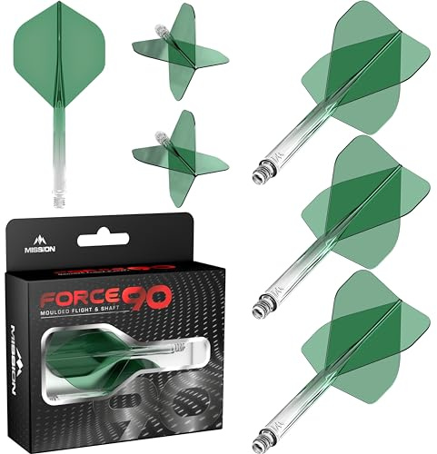 Mission Darts Force 90 | Integrated Precision Moulded Dart Flight and Shaft System, Pack of 3 Professional Highly Durable Combined Dart Flights and Stems | Standard No.2 (Green Gradient, Medium)