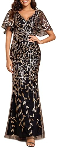 Ever-Pretty Vestito da Cerimonia Lungo Paillettes Stile Impero Scollo a V Maniche Corte Abito Elegante Donna Oro Nero 44