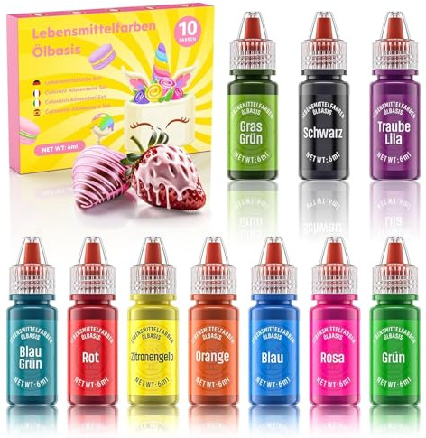 Wwtop Colorant Alimentaire Liposoluble 10 CouleursX6ml Ensemble Colorant Alimentaire à Base d'huile de Chocolat Concentration pour Gâteaux, Pâtisserie, Macarons, Cupcake, Cuisson