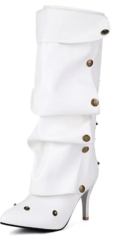 Lizoleor Moda Tacco A Spillo Donna Pointe Toe Stivali Arricciati Tacco Alto Con Risvolto Zip Laterale Festa Knee Stivali Al Polpaccio Bianco Numero 35 Eu