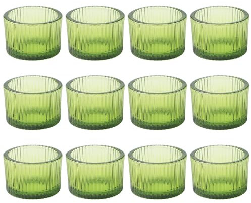 12 Pieces Green Glass Candle Holders, Glass Vertical Stripe Tealight Holder, Vintage Tealight Candle Holder, Table Centrepiece Holder, Romantic Holder for Wedding Tables Decorations