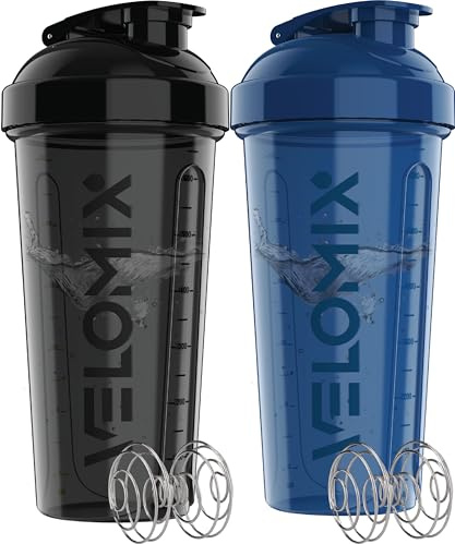 VELOMIX 2 Pack 28oz Protein Shaker Bottle for Protein Mixes, Blue/Black