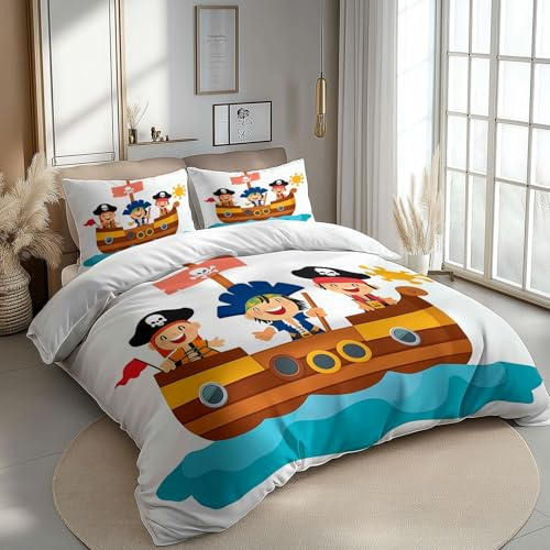 Bedding Duvet Cover Set Toddler Size, Bedding Set Kids Teens, Cartoon Pirate Ship Print Comforter Cover Set, 1 Quilt Cover 1 Pillowcases 2 Piece Bedroom Decor