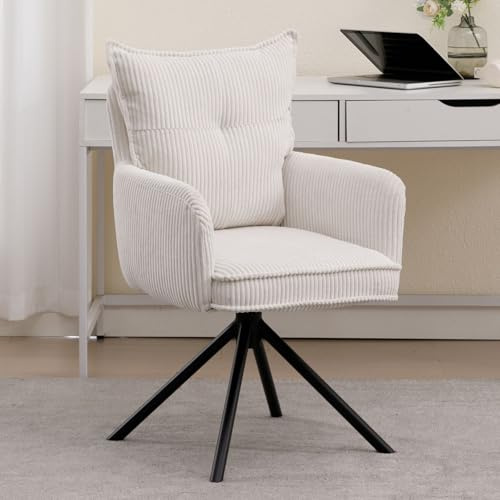 Ya-Home Modern kontorsstol 360° roterbar med armstöd manchester vit | Cord, metallben, dubbelt ryggstöd, 10 cm dyna, maximal lastkapacitet 113 kg, för arbetsrum, sovrum, kontor