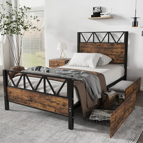 EINHOM Single Bed Frame with Storage, 3ft Metal Bed with 2 Drawers, Durable and Sturdy, Youth Bed, For Adults & Teenagers, Black+Wood Color, Metal+MDF, 90x190cm, (No Mattress)