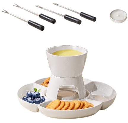 Ensemble à fondue au chocolat - Faitout en céramique avec base de bougie et plateau de service, kit complet de fondue avec fourchettes, fruits, fromage, desserts | Pour dîner romantique, réunion de