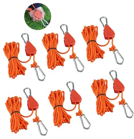 Inodiref 6 cricchetti regolabili riflettenti, corde di tensionamento leggere, da campeggio, 4 m, con tenditore, antivento, corda per esterni, con cricchetto e gancio per tende da campeggio