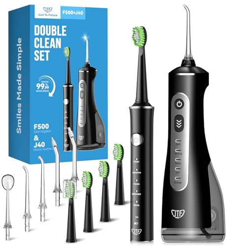 JTF Cepillo de Dientes Eléctrico y Irrigador Bucal 2-en-1 – Kit de Higiene Bucal Portátil para una Limpieza Eficaz y Suave, Múltiples Modos para Brackets y Encías Sensibles, Inalámbrico(Negro)