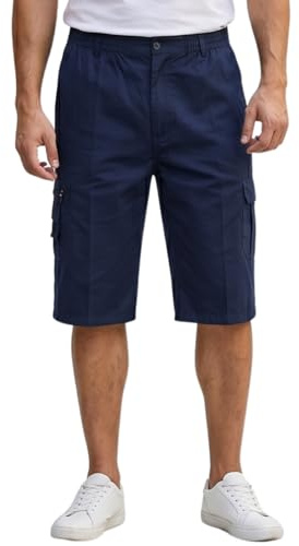Mens 3/4 Length Cargo Shorts Combat Three Quarter Elasticated Waist Poly Cotton Casual Summer Beach Work Shorts 6 Pocket Lightweight Pants Navy Blue 4XL