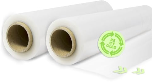 Film Elástico de Plástico Estirable, Transparente 70% Reciclado, 50cm Extensible Hasta 300 Metros de Largo Protector de Embalaje Industrial Resistente, Film para Embalar y Paletizar (2 Rollos)