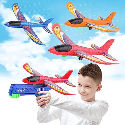 Erlliyeu Flugzeug Spielzeug, Schaum Flugzeug Segelflugzeug, Styroporflieger Wurfgleiter Katapult Pistole mit 4 Schaum Flieger,Outdoor Sport Spielzeug Geschenk (Blue)