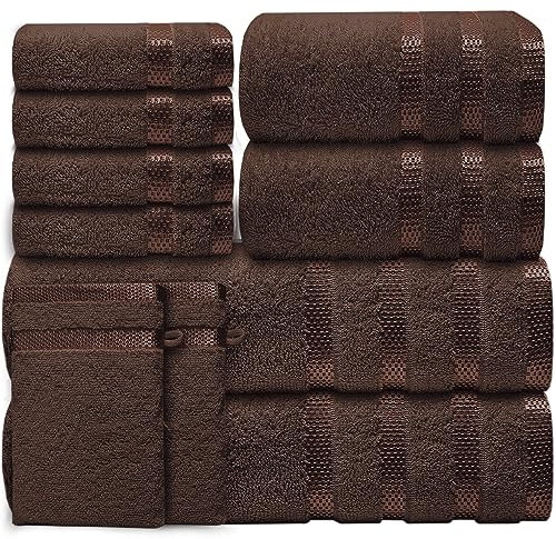 Casabella Luxury Bath Towel Set- 10 Piece Towels for Bathroom 100% Cotton-2 Bath Towels, 2 Hand Towels, 4 Face cloth & 2 Body Wash Gloves Highly Absorbent Hotel Quality Towel Bale Set Brown
